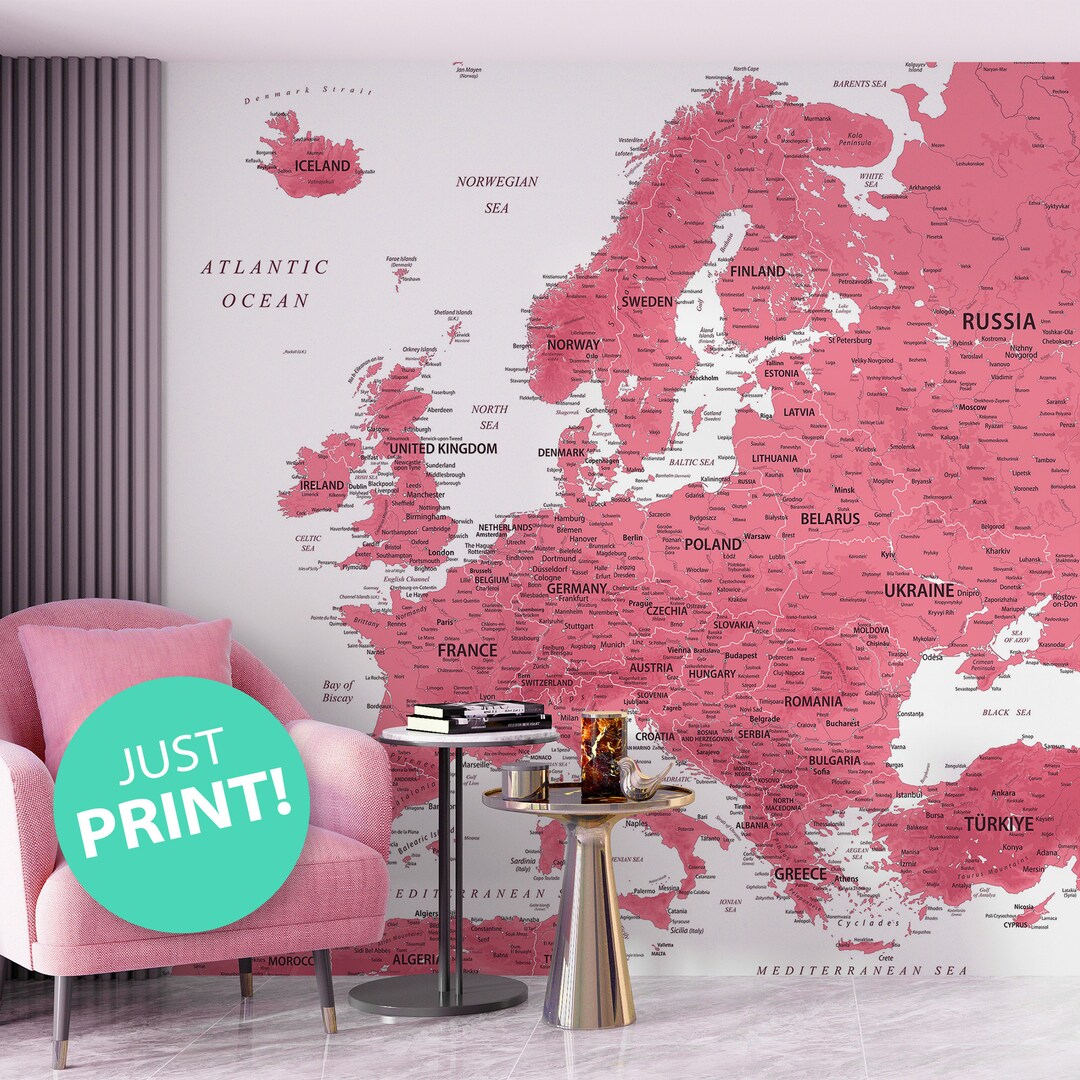 Europe Printable Pink Map Detailed Map of Europe Large Europe Wall Art Map for Posters
