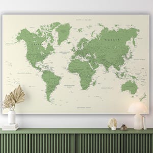 Mapa del mundo XL detallado: descarga el mapa del mundo imprimible, mapa verde oliva, mapa de viaje, impresión del mapa del mundo, mapa digital del mundo color crema lima