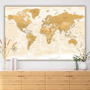 Impresión de mapa del mundo en dorado y beige - Arte mural de viajes - Póster imprimible para decoración de viajes / Mapa del mundo para fondos de pantalla, impresiones digitales para descargar