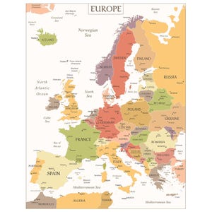 印刷可能なヨーロッパ地図 - デジタルヨーロッパ地図ポスター、国別ヨーロッパ地図のダウンロード、ボヘミアンカラーのヨーロッパ地図印刷、旅行ヨーロッパ地図