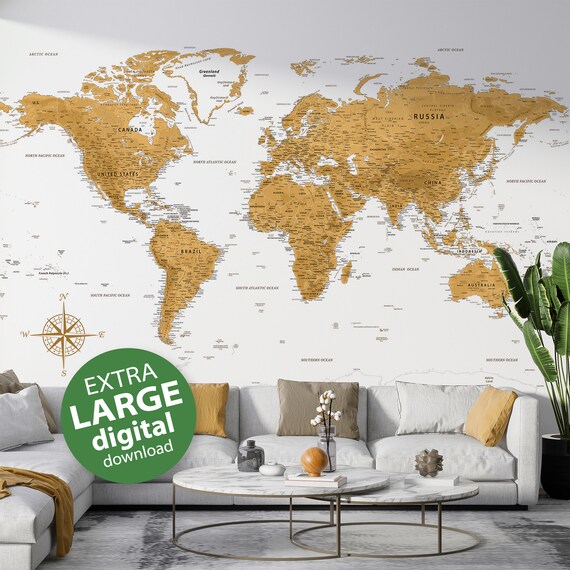 Printable Gold & White World Map Large Poster - Most Detailed Map