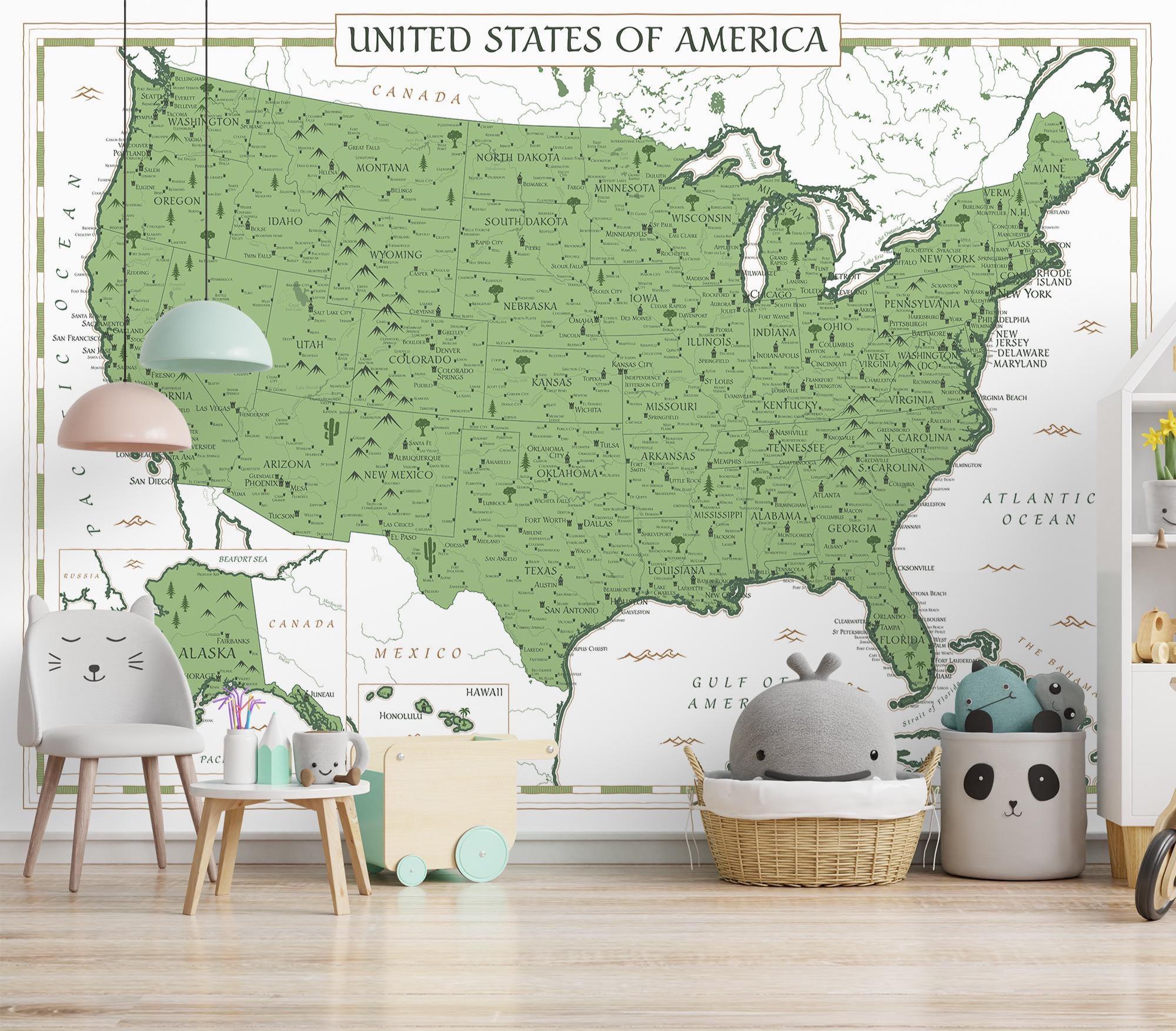 Pastel Green USA Map Art Print - United States Detailed Wall Art ...