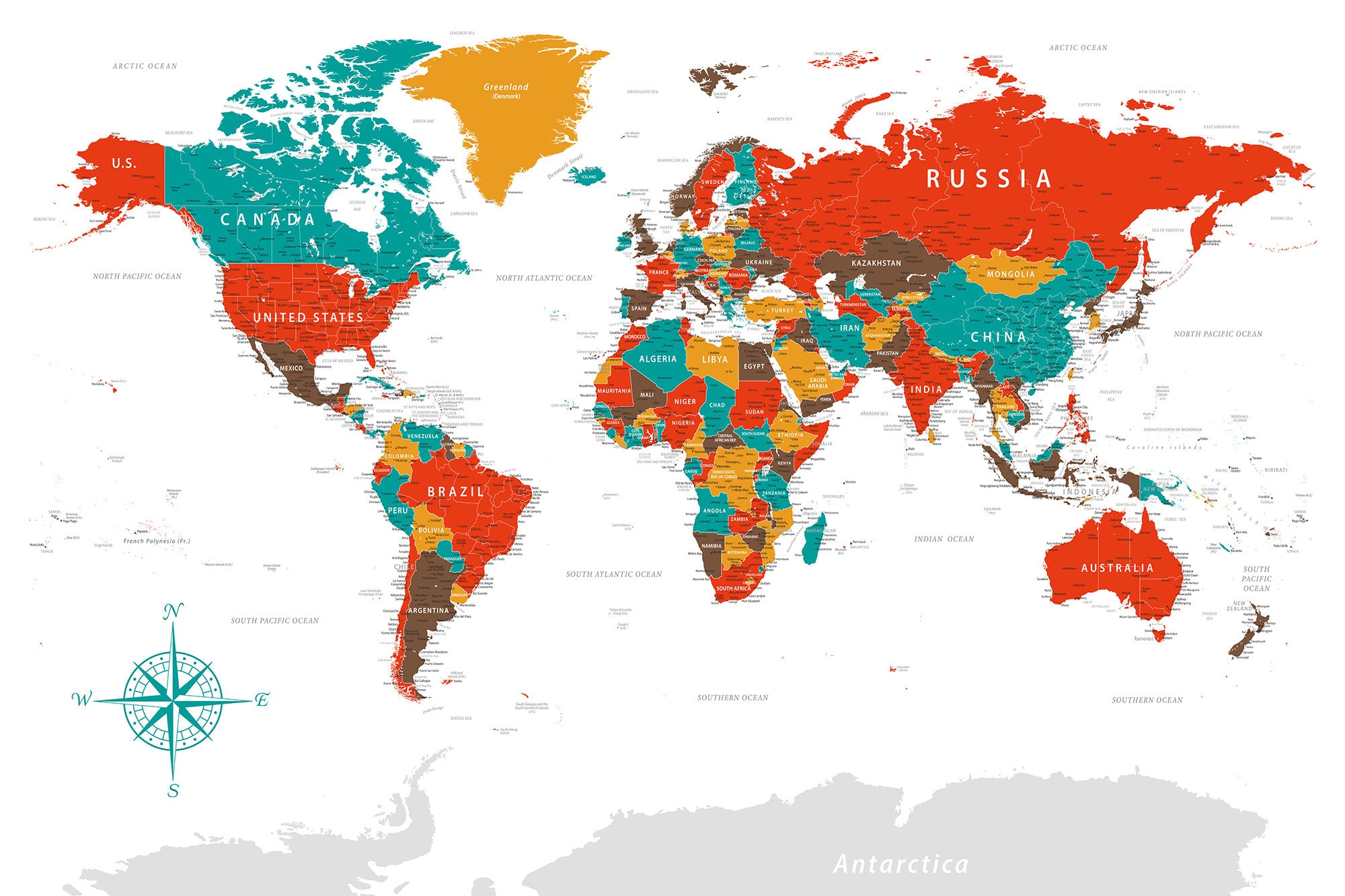 Digital Color World Map With Countries. Printable Map Poster Large Size ...