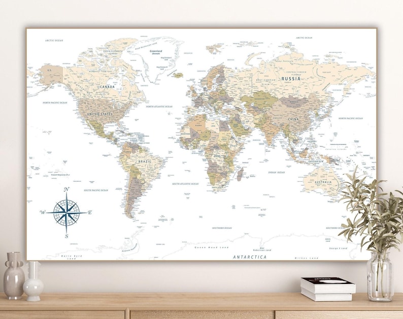 Map Generic Pastel Detailed World Map Wall Art Print - Printable Natural Tones Map ...