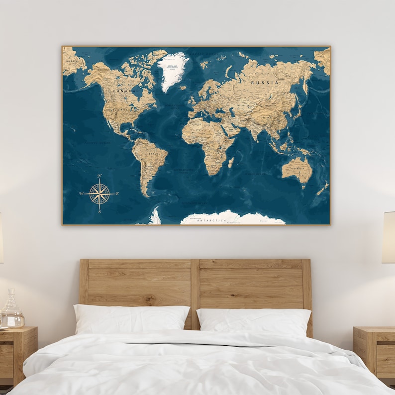 Highly detailed printable World Map poster in Blue Gold colors, Downloadable large wall Map, Digital print World Map, Vintage Political Map