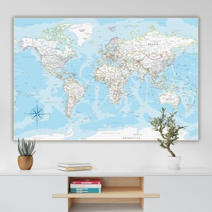 Weltkarte Blau Weiß mit Ländern zum Ausdrucken - Digitale große Karte Poster | Detaillierte politische Weltkarte für die Wand zu Hause