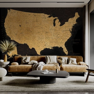 Mapa digital de Estados Unidos: impresión detallada en negro y dorado, mapa de EE. UU. de alta resolución y estilo para regalo de viaje de Navidad.