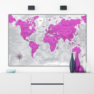 Carte du monde violette et grise à imprimer | Décoration parfaite pour chambre de fille | Téléchargement instantané.