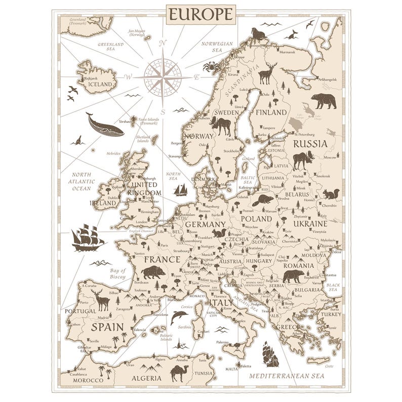 Printable Vintage Europe Map Wall Art Poster - Neutral Home School ...