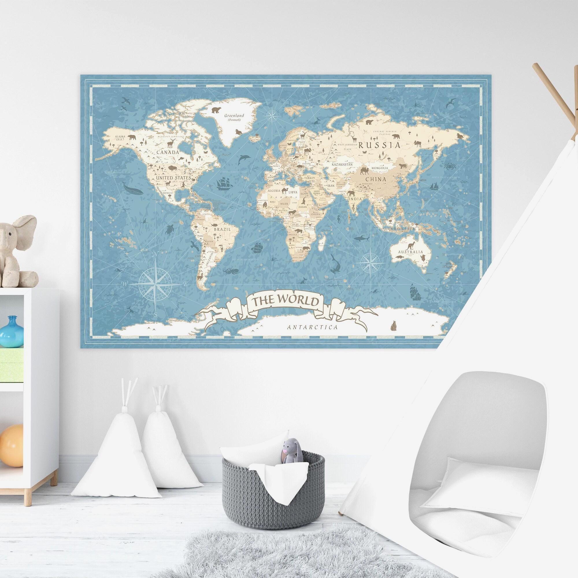Nursery World Map Printable Poster – Retro Animals, Educational Kids ...