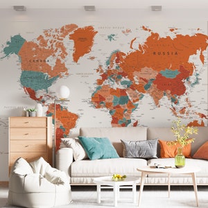 Mapa do mundo para impressão | Mapa do mundo laranja terracota marrom com países | Mapa digital do mundo para pôster de arte de parede, papel de parede, impressão