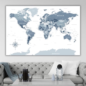 Impresión de mapa del mundo gris de gran tamaño: descarga digital, mapa de alta calidad para carteles, fondos de pantalla, impresiones, decoración del hogar y la oficina