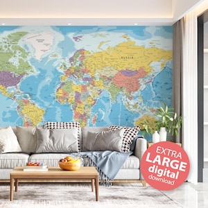 Carte politique du monde très détaillée - Grande affiche de carte imprimable en couleur avec les pays | Impression numérique, décoration d'art mural