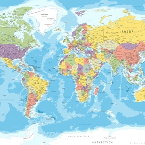 Highly Detailed Political Map of the World - Printable large World Map poster full color with countries, Digital map print Wall Art Decor