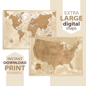 2er Set Landkarten - Detaillierte druckbare Weltkarte & USA-Karte in neutralen braun beige Farben | Herunterladbare große Wandkarten, digitale Kartendrucke
