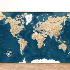 Highly Detailed Printable World Map Poster in Blue & Gold Colors - Download Large wall Art - Digital print, Vintage Political Map