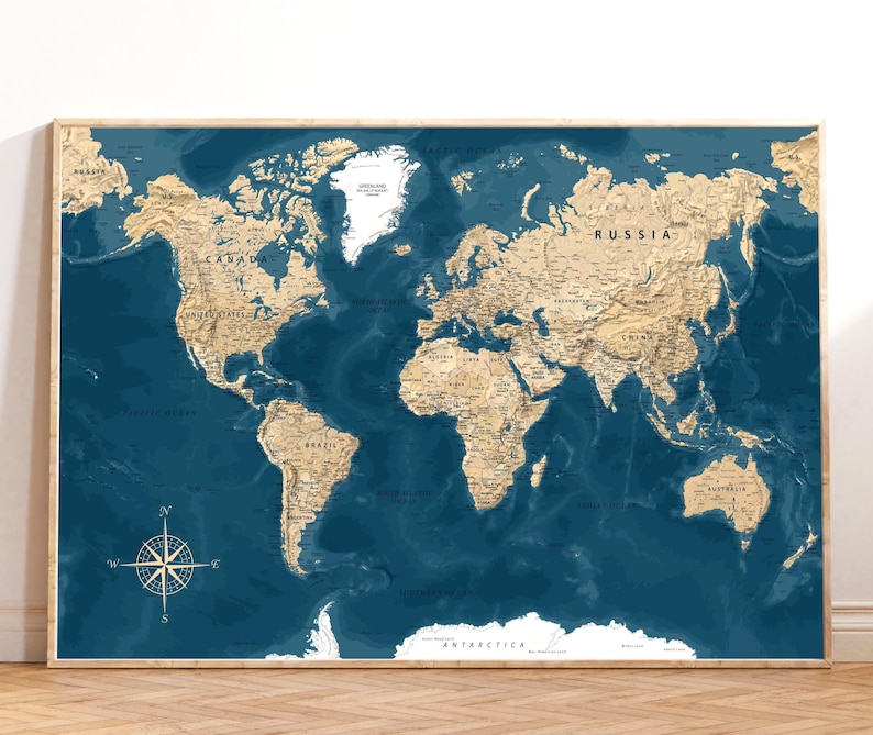 Highly Detailed Printable World Map Poster in Blue & Gold Colors - Download Large wall Art - Digital print, Vintage Political Map