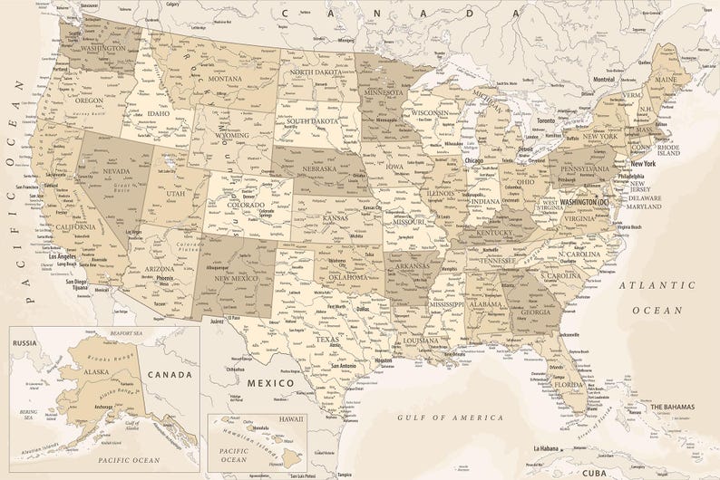 Printable Map of America with States and Major Cities - Pastel Wall Art Map | Vintage USA Map Print, States of America Map Digital Download