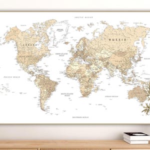 Mappa del mondo beige stampabile - Mappa del mondo XL da parete in colori pastello neutri (download digitale)