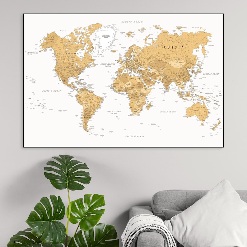 Large Beige World Map Printable - Classic Earth Tones Wall Art, Instant ...