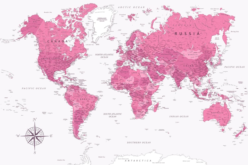 Pink World Map Label Printable Pink World Map – Travel Poster, Dorm Decor Pink Wall Art ...