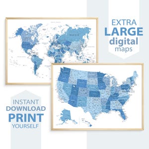 Mapas imprimibles del mundo y EE. UU. en tonos azules. Arte mural digital. Descarga instantánea. Estilo minimalista. Mapas detallados del mundo y EE. UU.