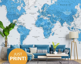 Mappa del mondo blu stampabile. Mappa del mondo ad alta risoluzione per poster, sfondi, stampe, decorazioni murali, decorazioni per la casa e l'ufficio. Mappa digitale del mondo