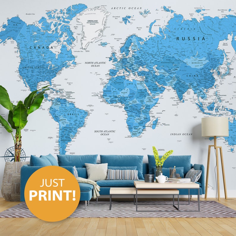Blue World Map Printable - Instant Download High-resolution Digital Map ...