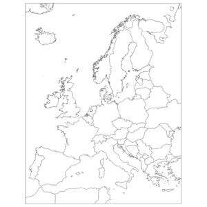 Europa Karte Konturen, Karte Europa Umriss, druckbare Europakarte, Europa Karte Drucken Schwarz weiß digitaler Download, Kartierung Länder Europas