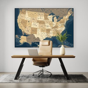 Mapa imprimible de estilo vintage de EE. UU. en azul y beige / Mapa de Estados Unidos, Mapa de EE. UU., Póster de mapa de América, Mapa de arte mural de EE. UU.