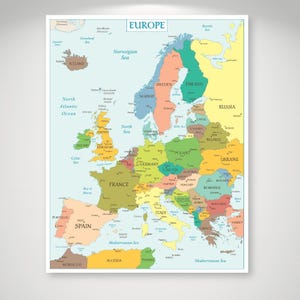 Mapa polityczna Europy z pustą Europą – 2 plakaty edukacyjne do druku – kraje europejskie, miasta, wydruk do klasy (pobranie cyfrowe)
