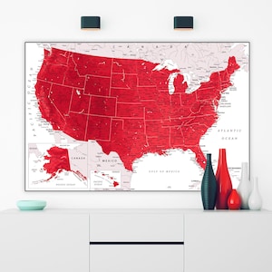 Druckbare große Landkarte der USA - Rotwein USA Landkarte digitaler download, detaillierte Landkarte der USA für Poster, Wallpapers, Prints | Landkarte USA topographisch