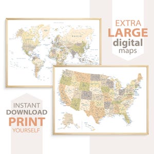 Druckbare Vintage Welt & USA Karte 2er Set Digitaler Download | Neutrale Farben Wandkarten für Zuhause, Büro oder Klassenzimmer Dekor, Reise Karten