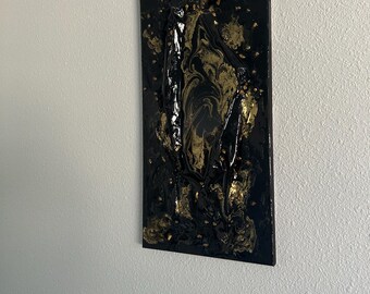 Original 3D Textured Resin Art - "Gilded Onyx" Sculptural Abstract Painting - Black and Metallic Gold Mixed Media