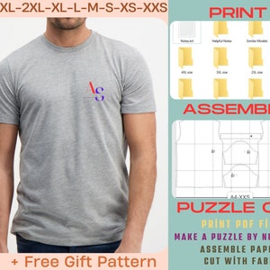K&ouml;nnte beinhalten: Ein graues T-Shirt mit einem kleinen Logo auf der Vorderseite. Das Bild zeigt ein Schnittmuster f&uuml;r das T-Shirt, das ausgedruckt und ausgeschnitten werden kann, um ein Puzzle zu erstellen. Der Text auf dem Bild lautet "4XL-3XL-2XL-XL-L-M-S-XS-XXS", "DRUCKEN", "MONTAGE", "PUZZLE-SCHNITT", "PDF-DATEI DRUCKEN", "PUZZLE NACH ZAHLEN MACHEN", "PAPIERE MONTIEREN", "MIT STOFF SCHNITT", und "+ Kostenloses Geschenk-Muster".