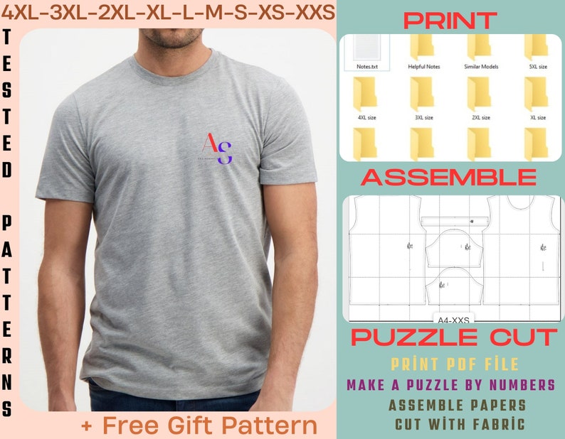 K&ouml;nnte beinhalten: Ein graues T-Shirt mit einem kleinen Logo auf der Vorderseite. Das Bild zeigt ein Schnittmuster f&uuml;r das T-Shirt, das ausgedruckt und ausgeschnitten werden kann, um ein Puzzle zu erstellen. Der Text auf dem Bild lautet "4XL-3XL-2XL-XL-L-M-S-XS-XXS", "DRUCKEN", "MONTAGE", "PUZZLE-SCHNITT", "PDF-DATEI DRUCKEN", "PUZZLE NACH ZAHLEN MACHEN", "PAPIERE MONTIEREN", "MIT STOFF SCHNITT", und "+ Kostenloses Geschenk-Muster".