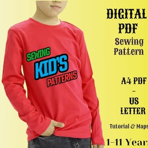 以下が含まれることがあります： カラフルな文字で「Sewing Kid's Patterns」と書かれた赤い長袖シャツのデジタルPDF縫製パターンです。パターンはA4とUSレターサイズで入手可能で、チュートリアルとマップが含まれています。1〜11歳の子供向けに設計されています。
