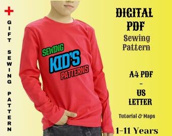 Kids Long Sleeve T-Shirt Sewing Pattern: Sizes 1-11 Years (Digital PDF)