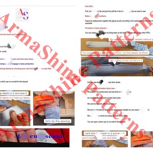 K&ouml;nnte beinhalten: Eine N&auml;hvorlage mit Anweisungen zum N&auml;hen eines Kleidungsst&uuml;cks. Die Anleitung enth&auml;lt Bilder der einzelnen Schritte beim N&auml;hen, wie z. B. das Zuschneiden von Stoff, das N&auml;hen von N&auml;hten und das Anbringen von Gummib&auml;ndern. Die Anleitung enth&auml;lt auch Text, der die Schritte im Detail erkl&auml;rt.