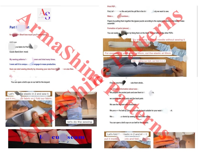 K&ouml;nnte beinhalten: Eine N&auml;hvorlage mit Anweisungen zum N&auml;hen eines Kleidungsst&uuml;cks. Die Anleitung enth&auml;lt Bilder der einzelnen Schritte beim N&auml;hen, wie z. B. das Zuschneiden von Stoff, das N&auml;hen von N&auml;hten und das Anbringen von Gummib&auml;ndern. Die Anleitung enth&auml;lt auch Text, der die Schritte im Detail erkl&auml;rt.