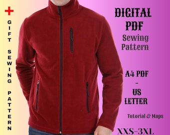 Patrón de costura para ropa de hombre, patrones de costura polar polar, chaqueta sudadera con cremallera completa, A0 A4 USLetter PDF, costura digital para hombre XXS-3XL