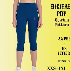 Women&#39;s Sewing Patterns, Capri Tights Pattern, High Waist Leggings for Women, Easy Beginners Sewing Pattern Pants, PDF Download XXS-4XL Size