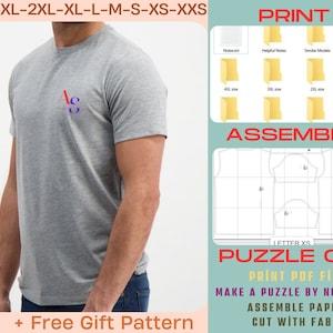 K&ouml;nnte beinhalten: Ein digitales Schnittmuster f&uuml;r ein T-Shirt mit Anweisungen zum Ausdrucken, Zusammenbauen und Zuschneiden des Musters mit Stoff. Das Muster umfasst Gr&ouml;&szlig;en von XXS bis 4XL. Das Bild zeigt auch einen Mann, der ein graues T-Shirt tr&auml;gt.