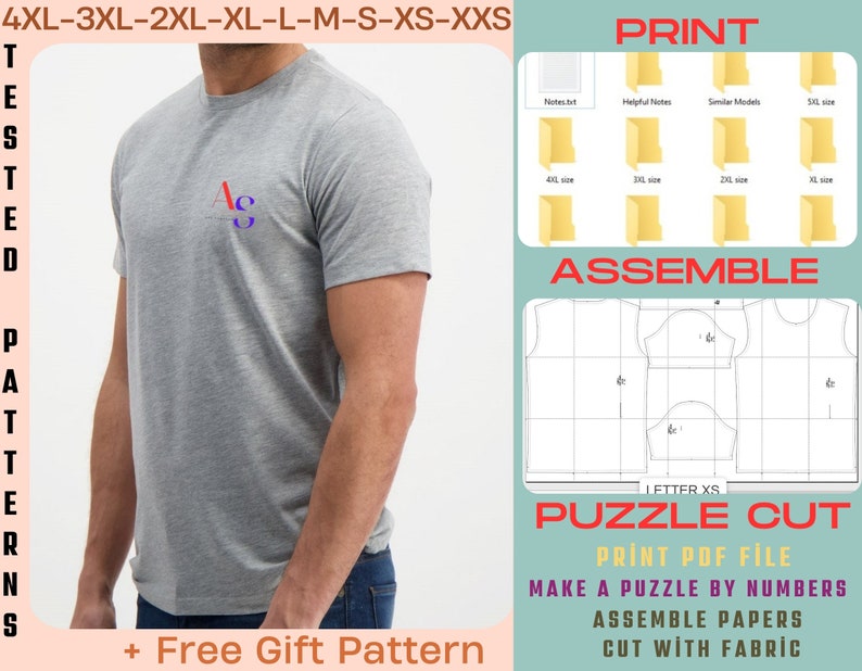 K&ouml;nnte beinhalten: Ein digitales Schnittmuster f&uuml;r ein T-Shirt mit Anweisungen zum Ausdrucken, Zusammenbauen und Zuschneiden des Musters mit Stoff. Das Muster umfasst Gr&ouml;&szlig;en von XXS bis 4XL. Das Bild zeigt auch einen Mann, der ein graues T-Shirt tr&auml;gt.