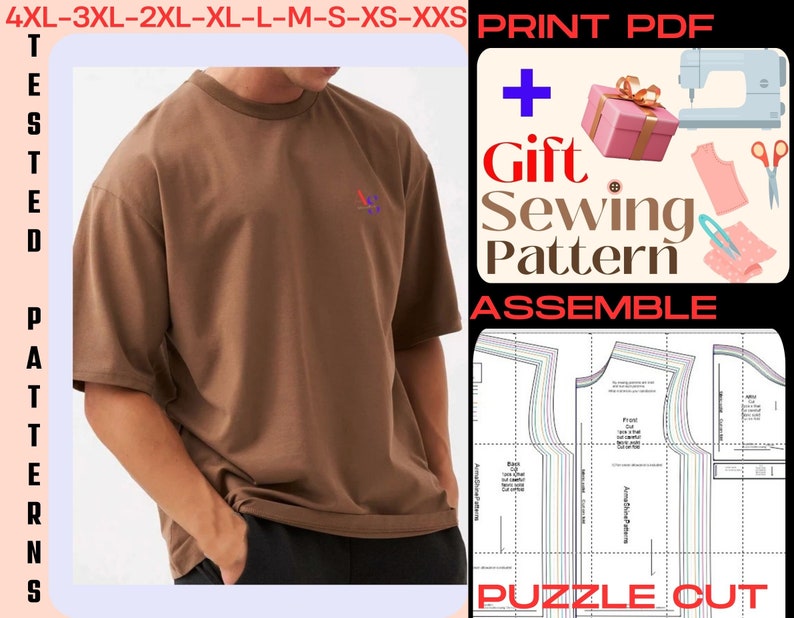 Puede incluir: Una camiseta marr&oacute;n con un peque&ntilde;o logotipo en el pecho izquierdo. La camiseta est&aacute; siendo modelada por una persona. La imagen tambi&eacute;n incluye un patr&oacute;n de costura para una camiseta con el texto "Gift Sewing Pattern" y "Assemble".
