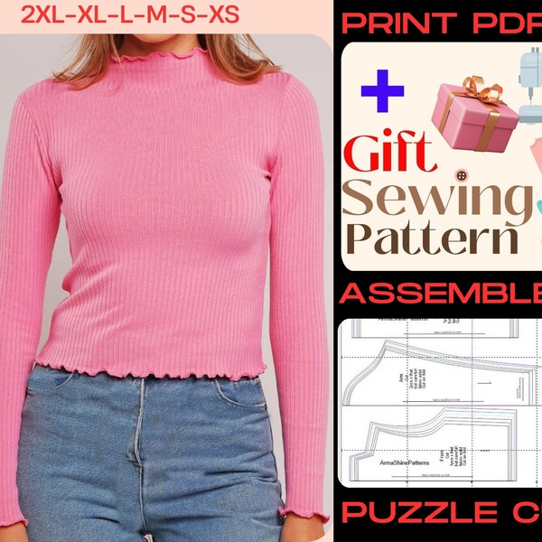 Women's Turtleneck Sewing Patterns, Mock High Neck Blouse Sewing Pattern, Long Sleeve Fitted Top Sweater For Women, Easy Beginner Pdf
