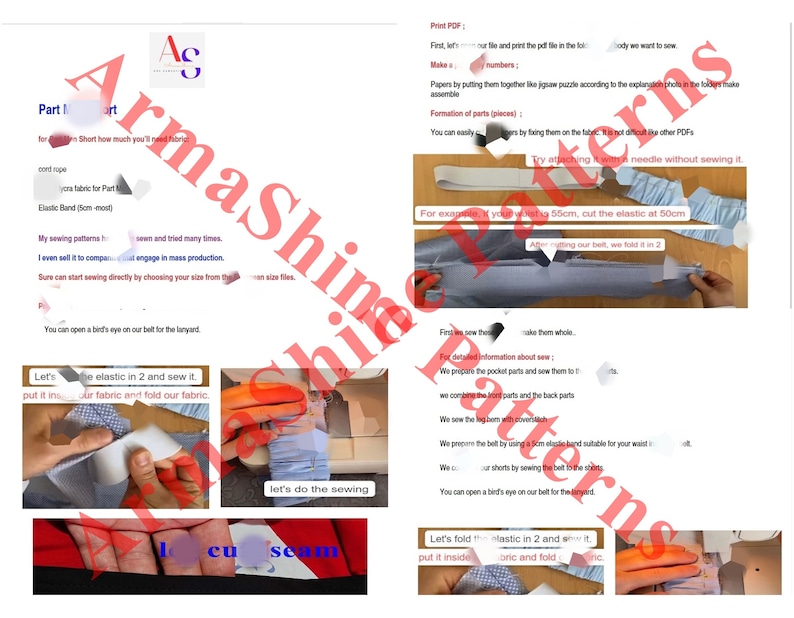 Puede incluir: Una gu&iacute;a de patrones de costura con instrucciones sobre c&oacute;mo coser una prenda. La gu&iacute;a incluye im&aacute;genes de los pasos involucrados en la costura, como cortar la tela, coser las costuras y sujetar el el&aacute;stico. La gu&iacute;a tambi&eacute;n incluye texto que explica los pasos en detalle.