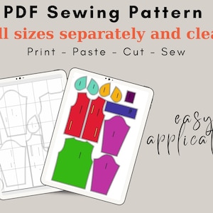 Puede incluir: Una tableta digital que muestra un patr&oacute;n de costura PDF para una prenda. El patr&oacute;n se muestra en varios tama&ntilde;os y colores, con instrucciones para imprimir, pegar, cortar y coser. El texto "f&aacute;cil aplicaci&oacute;n" est&aacute; escrito en la pantalla.