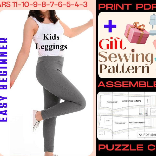 Leggings Sewing Pattern for Kids, Download Easy Legging Pants, A4 and Letter PDF for Children, for Girls Leg for Beginners 3/12 ALL Years