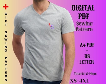Men's V-Neck T-shirt Sewing Pattern: Clean Design (A4/US Letter PDF)